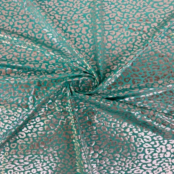 Aqua Blue | Silver Sahara Leopard Foil Print Nylon Spandex Fabric