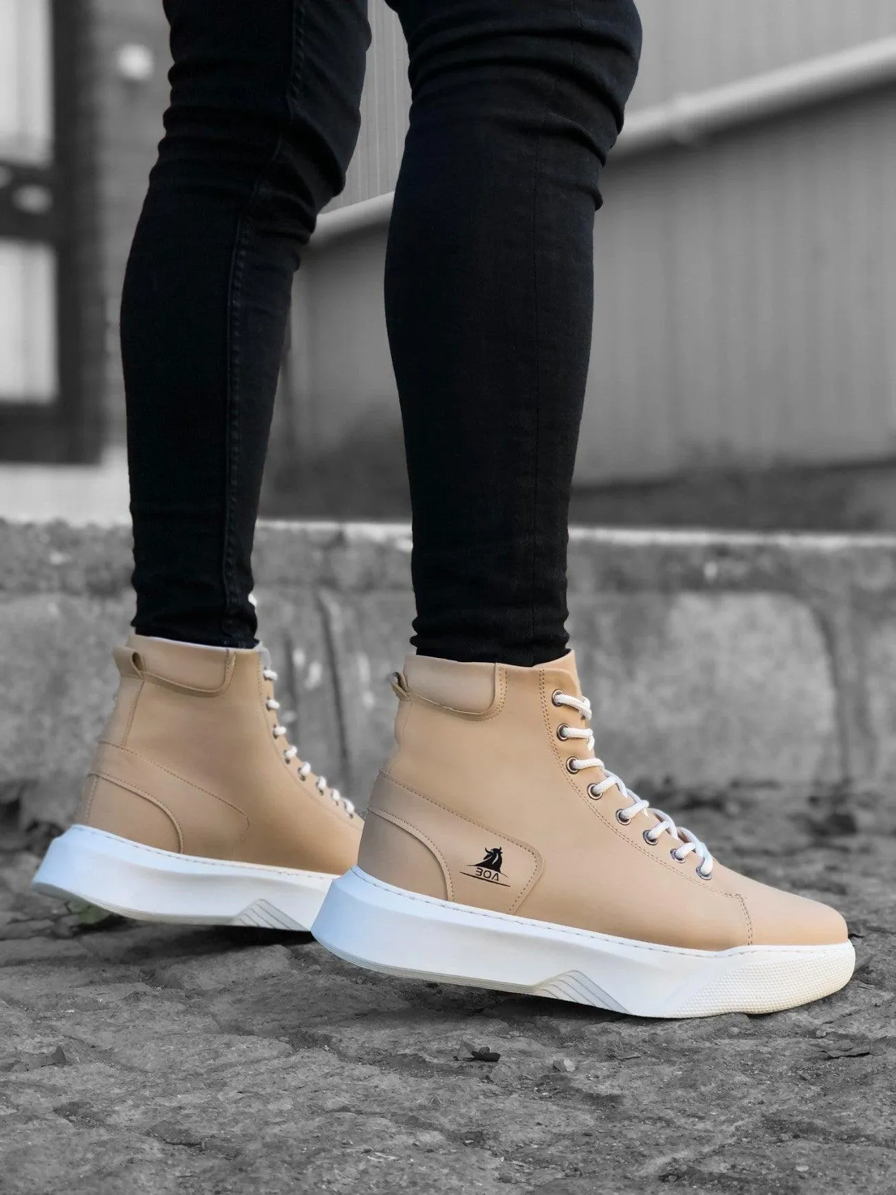 BA0155 Lace-up Men's High-Sole Cream White Sole Sports Boots