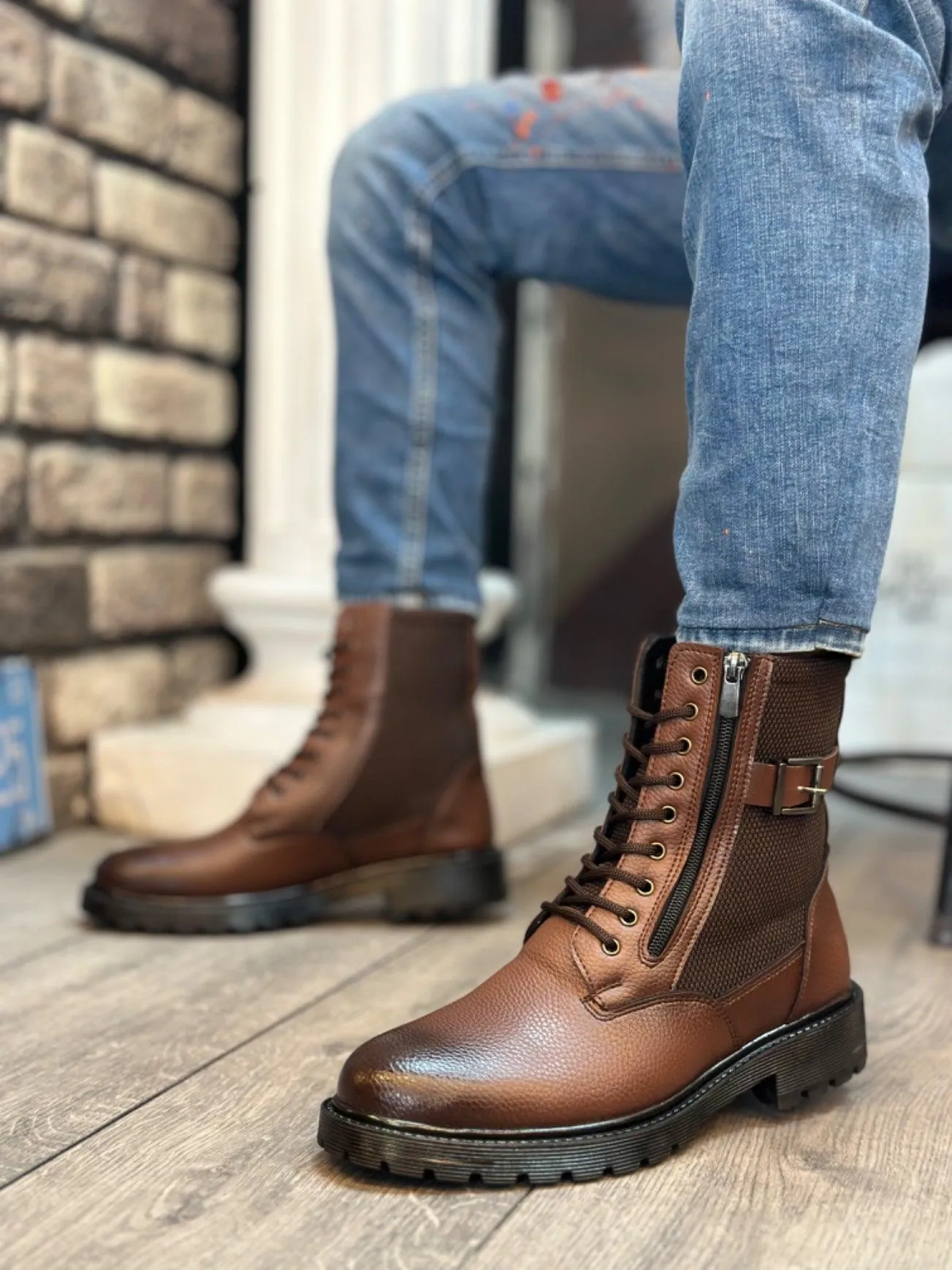 BA0218 Side Buckle Zippered Light Brown Men's Sports Classic Boots