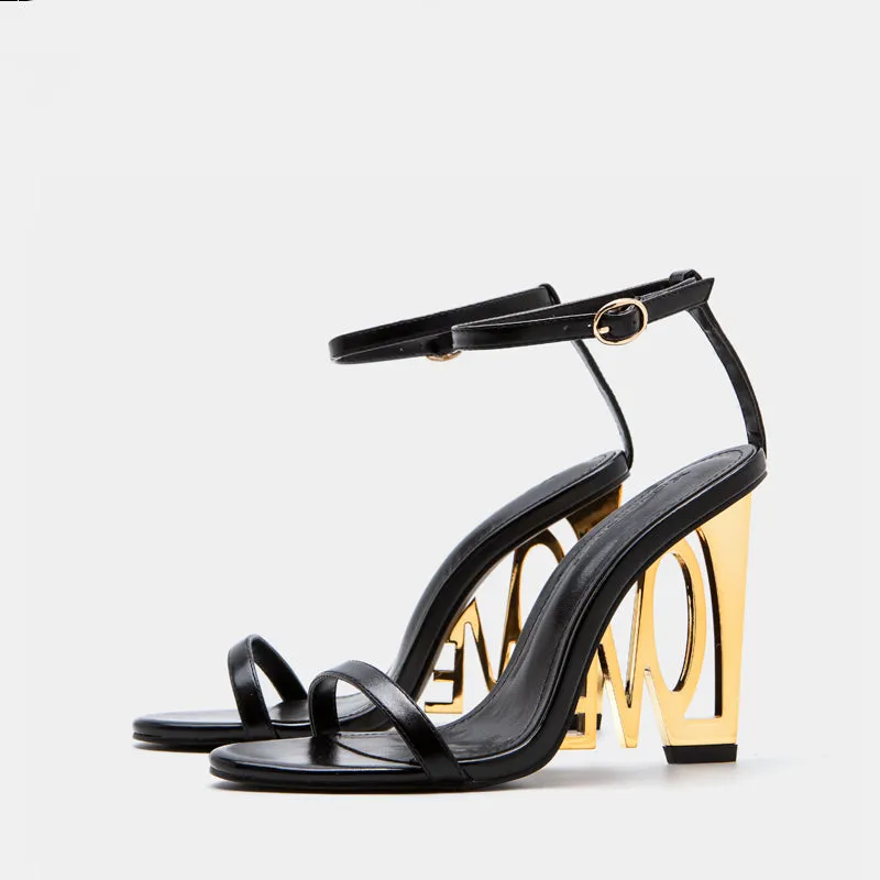 Black & Gold Love Carved Out High Heel Sandals