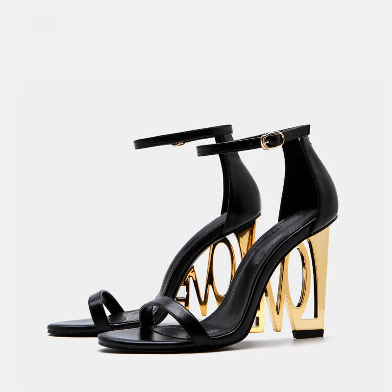 Black & Gold Love Carved Out High Heel Sandals