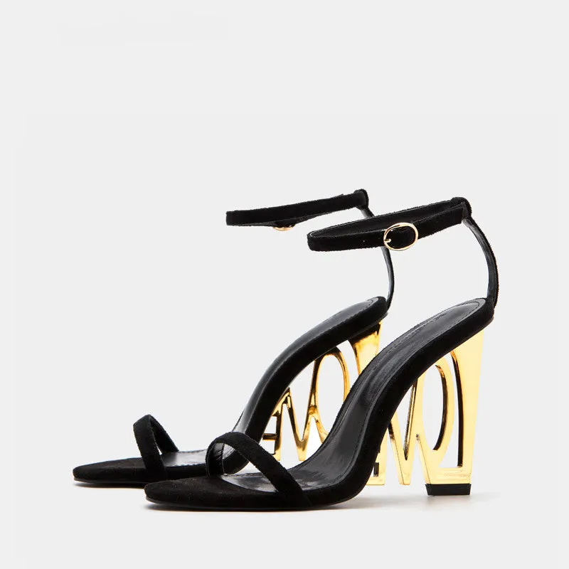 Black & Gold Love Carved Out High Heel Sandals