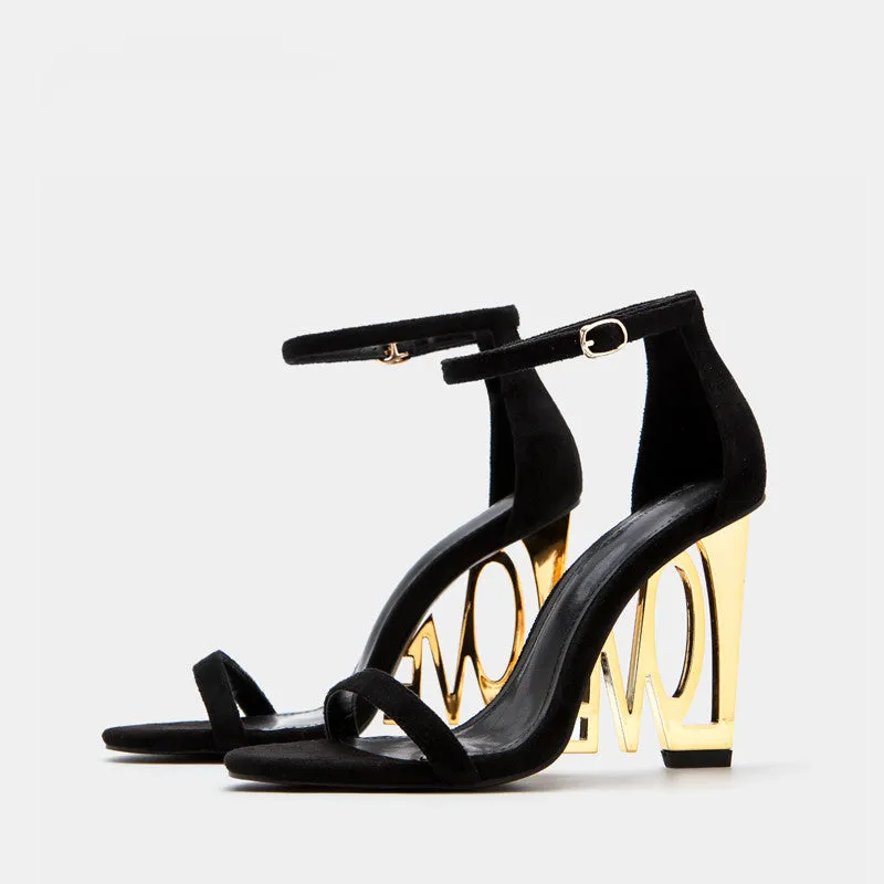 Black & Gold Love Carved Out High Heel Sandals