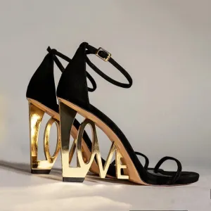 Black & Gold Love Carved Out High Heel Sandals