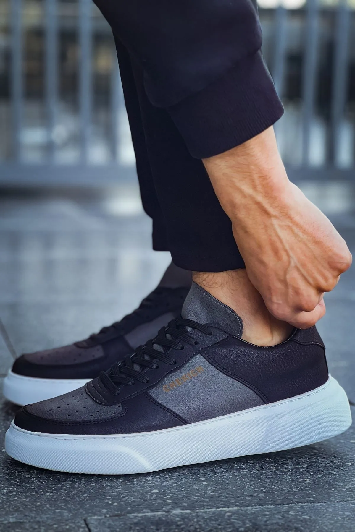 CH087 Men's Black-Grey (White Sole) Lace-up Casual Sneaker Sports Shoes