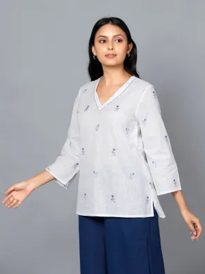 Eco Khadi Cotton Muslin White Embroidered Tunic - Nirva