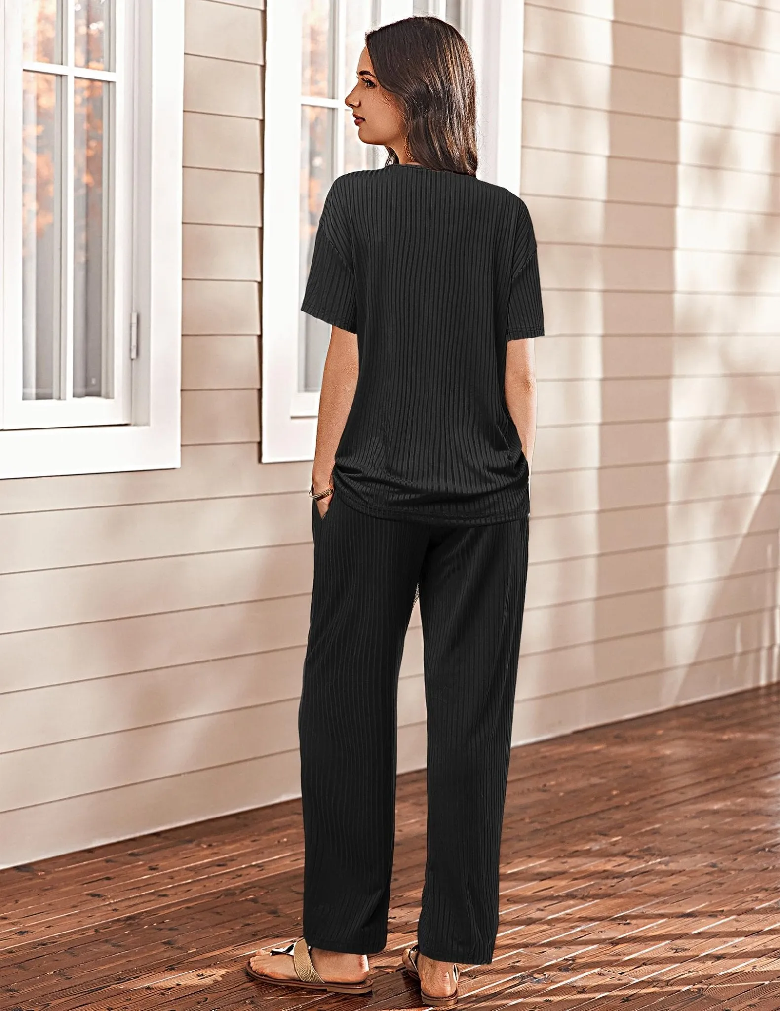 Ekouaer Lounge Sets for Women Short Sleeve Top and Long Pants Ribbed Knit Pajama Set 2 Piece PJ Sets Outfits Black