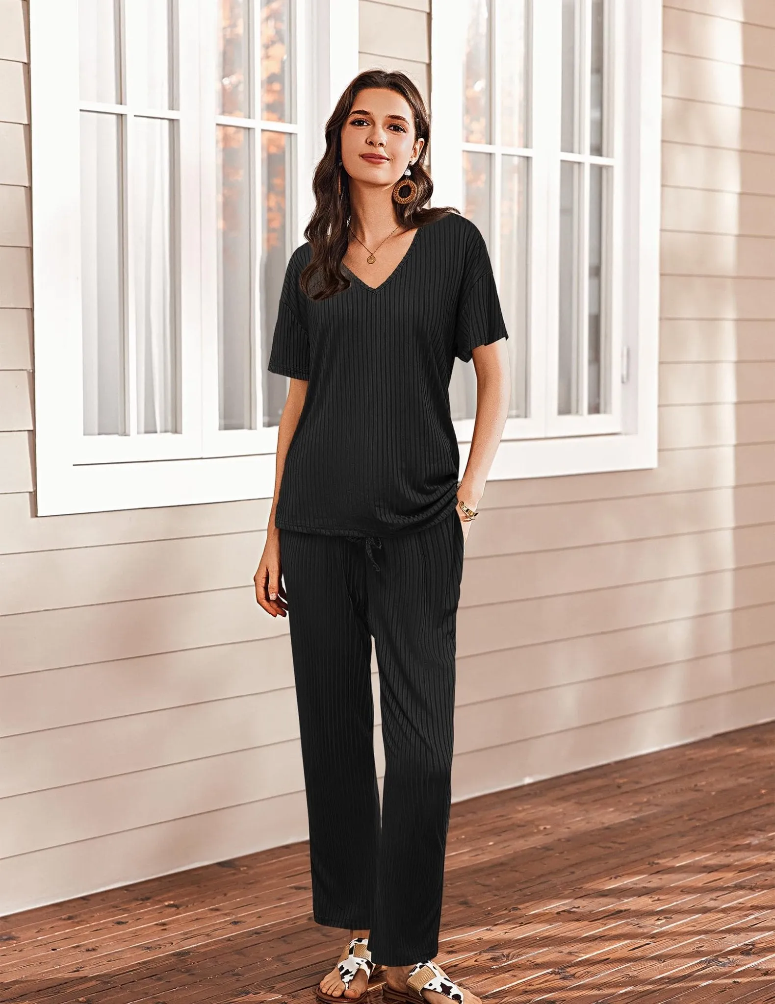 Ekouaer Lounge Sets for Women Short Sleeve Top and Long Pants Ribbed Knit Pajama Set 2 Piece PJ Sets Outfits Black