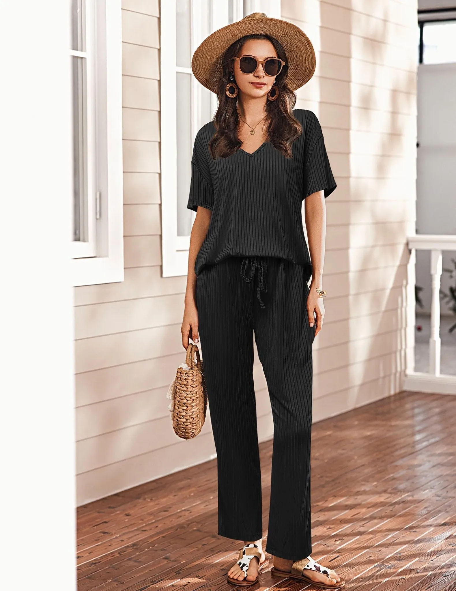 Ekouaer Lounge Sets for Women Short Sleeve Top and Long Pants Ribbed Knit Pajama Set 2 Piece PJ Sets Outfits Black