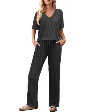Ekouaer Lounge Sets for Women Short Sleeve Top and Long Pants Ribbed Knit Pajama Set 2 Piece PJ Sets Outfits Black