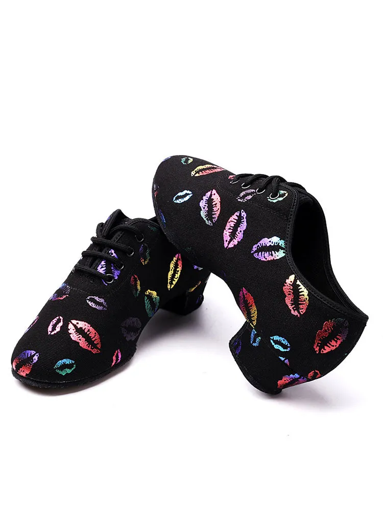 Fall/Winter Latin Dance Training Shoes Colorful Lip Print Dance Shoes