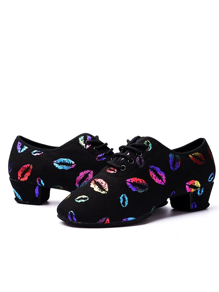 Fall/Winter Latin Dance Training Shoes Colorful Lip Print Dance Shoes