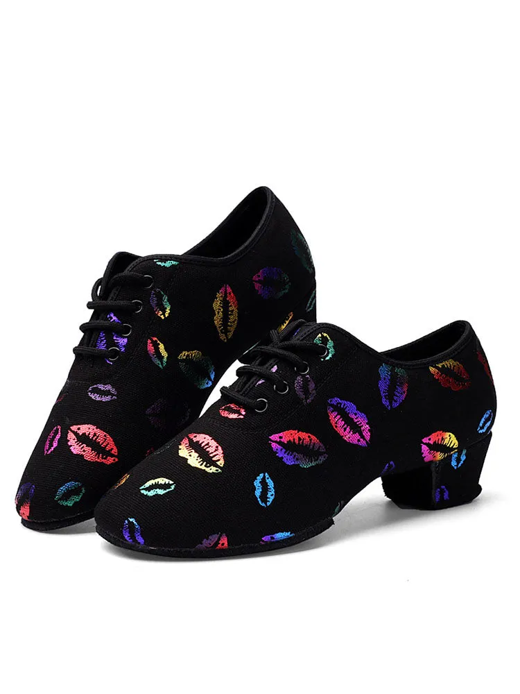 Fall/Winter Latin Dance Training Shoes Colorful Lip Print Dance Shoes