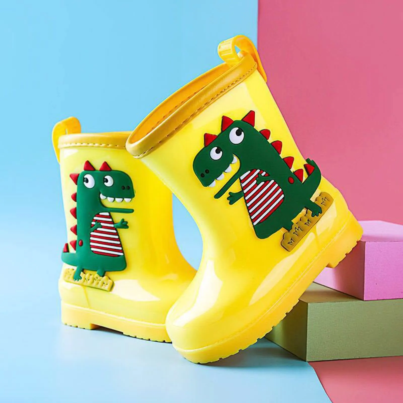 Generic Toddler Dinosaur Rain Boots Waterproo𝐟 Rubber Kids Rain Boots for Girls Boys Outdoor Non Slip Water (Yellow, 2-3 Years)