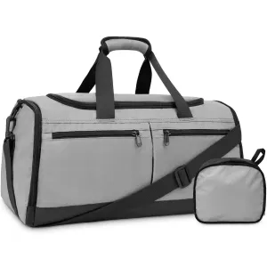Gym Bag for Men Women, Foldable Travel Duffel Bags with Shoe Compartment & Wet Pocket, Lightweight Weekender Overnight Duffle Bag, Water Resistant Workout Sports Bag, Grey