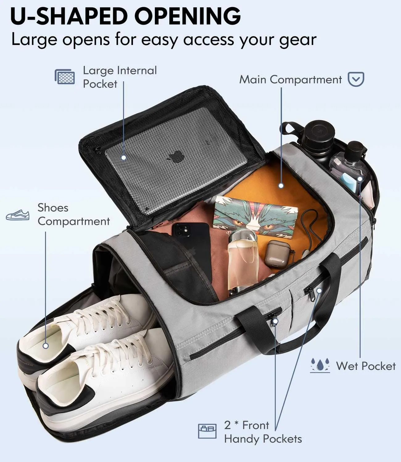 Gym Bag for Men Women, Foldable Travel Duffel Bags with Shoe Compartment & Wet Pocket, Lightweight Weekender Overnight Duffle Bag, Water Resistant Workout Sports Bag, Grey