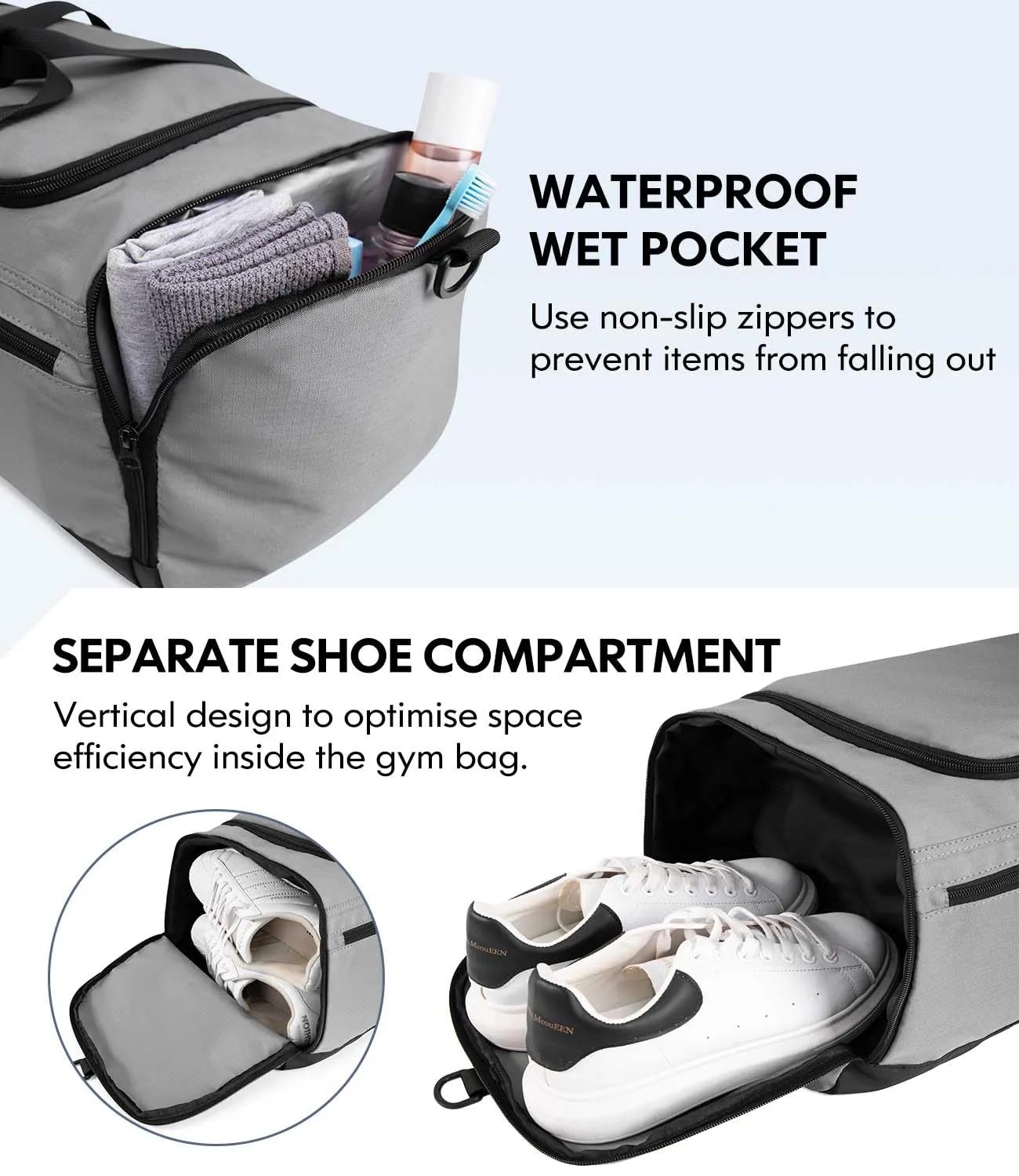 Gym Bag for Men Women, Foldable Travel Duffel Bags with Shoe Compartment & Wet Pocket, Lightweight Weekender Overnight Duffle Bag, Water Resistant Workout Sports Bag, Grey