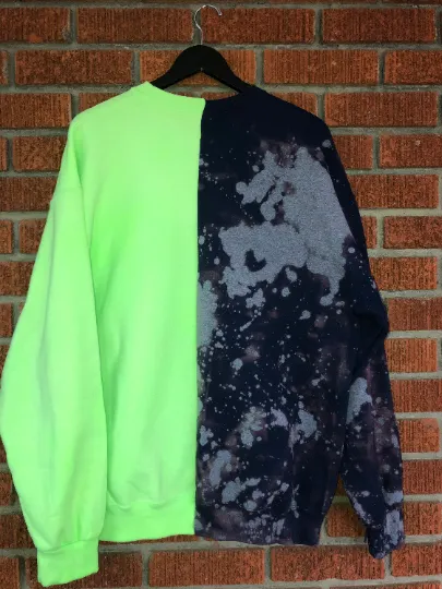 Handmade Seattle Seahawks Bleached Navy Lime Half and Half Crewneck Sweatshirt