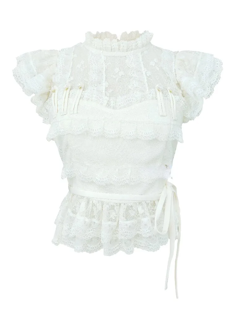 Joskaa Summer Lace Vintage Kawaii Blouse Women Flying Sleeve Elegant Sweet Shirts Female Holiday Bandage Korean Casual Clothes 2024 New