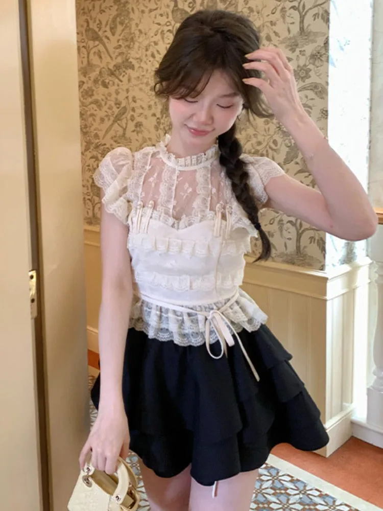 Joskaa Summer Lace Vintage Kawaii Blouse Women Flying Sleeve Elegant Sweet Shirts Female Holiday Bandage Korean Casual Clothes 2024 New
