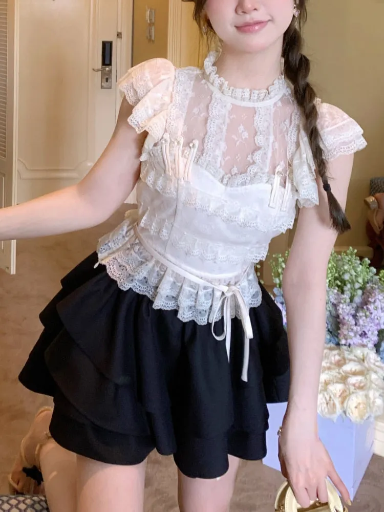 Joskaa Summer Lace Vintage Kawaii Blouse Women Flying Sleeve Elegant Sweet Shirts Female Holiday Bandage Korean Casual Clothes 2024 New