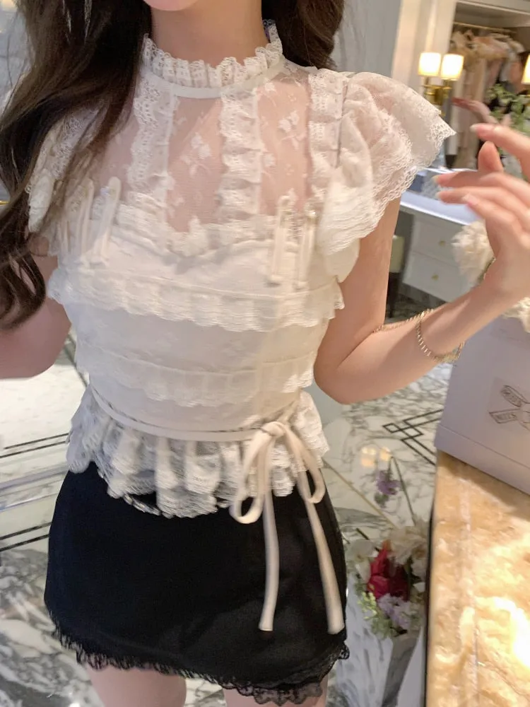 Joskaa Summer Lace Vintage Kawaii Blouse Women Flying Sleeve Elegant Sweet Shirts Female Holiday Bandage Korean Casual Clothes 2024 New