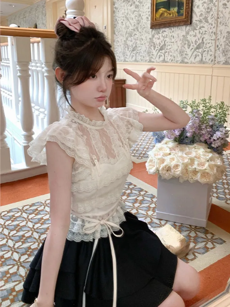 Joskaa Summer Lace Vintage Kawaii Blouse Women Flying Sleeve Elegant Sweet Shirts Female Holiday Bandage Korean Casual Clothes 2024 New