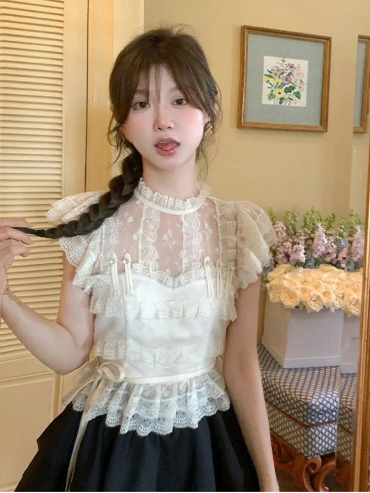 Joskaa Summer Lace Vintage Kawaii Blouse Women Flying Sleeve Elegant Sweet Shirts Female Holiday Bandage Korean Casual Clothes 2024 New
