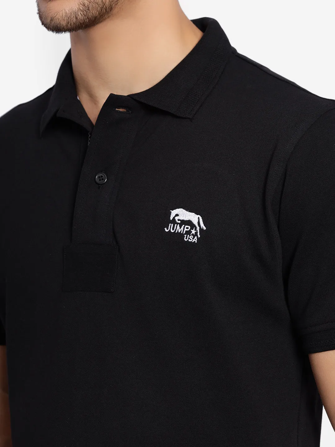 JUMP USA Men Black Solid Polo Collar Pure Cotton T-shirt