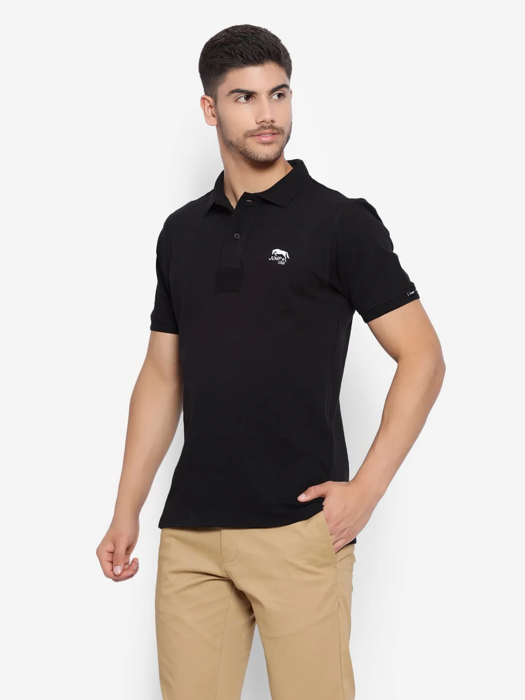 JUMP USA Men Black Solid Polo Collar Pure Cotton T-shirt