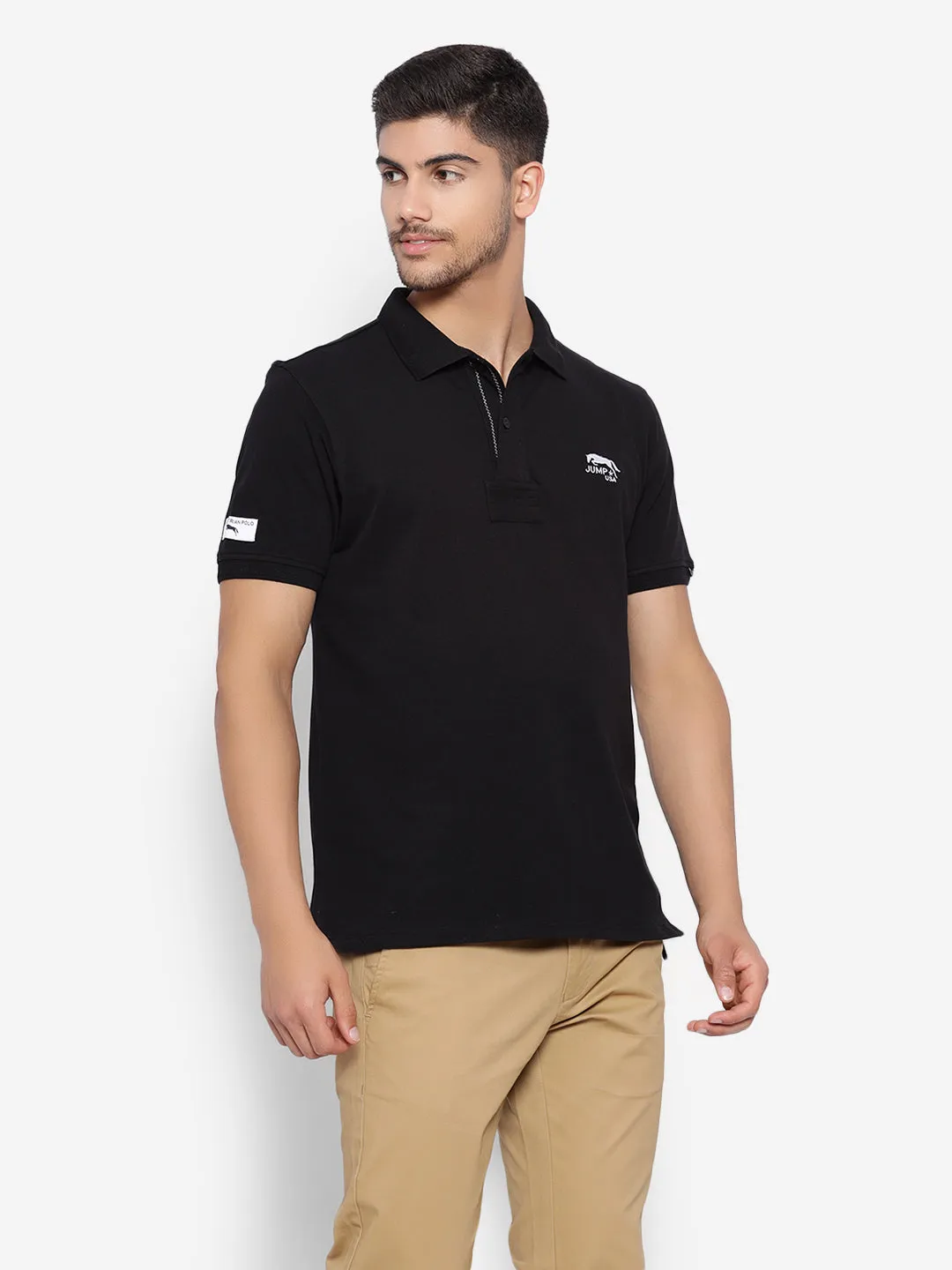 JUMP USA Men Black Solid Polo Collar Pure Cotton T-shirt