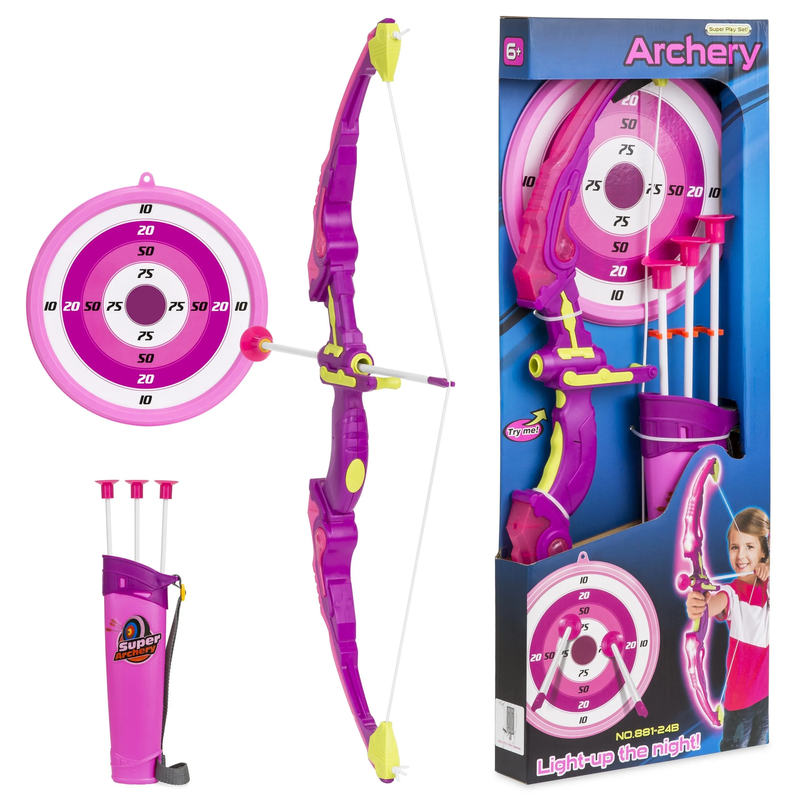 Kids 24in Light-Up Archery Toy Play Set w/ Bow, 3 Arrows, Quiver, Target