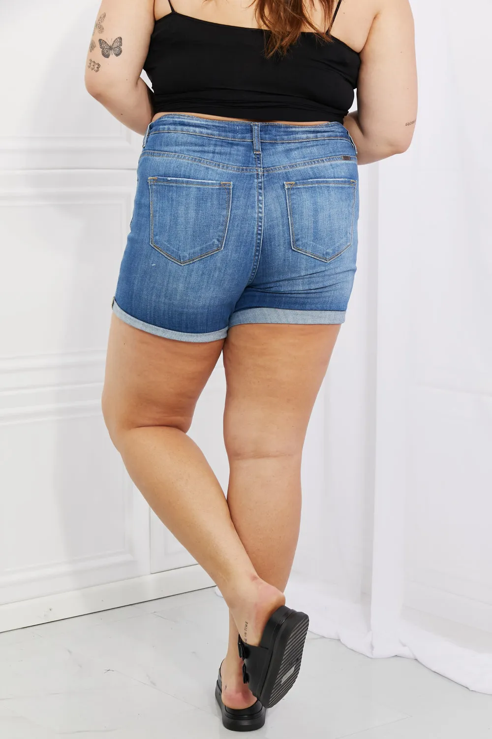 Kinley High Rise Medium Stone Wash Denim Shorts - Kancan