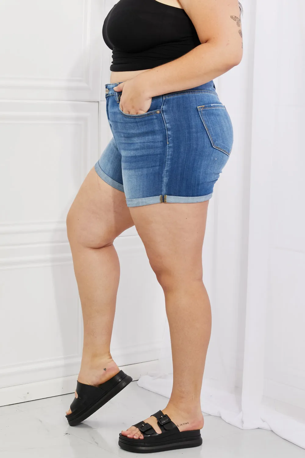 Kinley High Rise Medium Stone Wash Denim Shorts - Kancan
