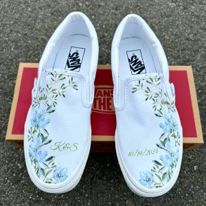 Light Blue Flower - Wedding Custom Slip On Vans Bridal Shoes Wedding Sneakers Wedding Shoes for Bride Brides Maids and Maid of Honor