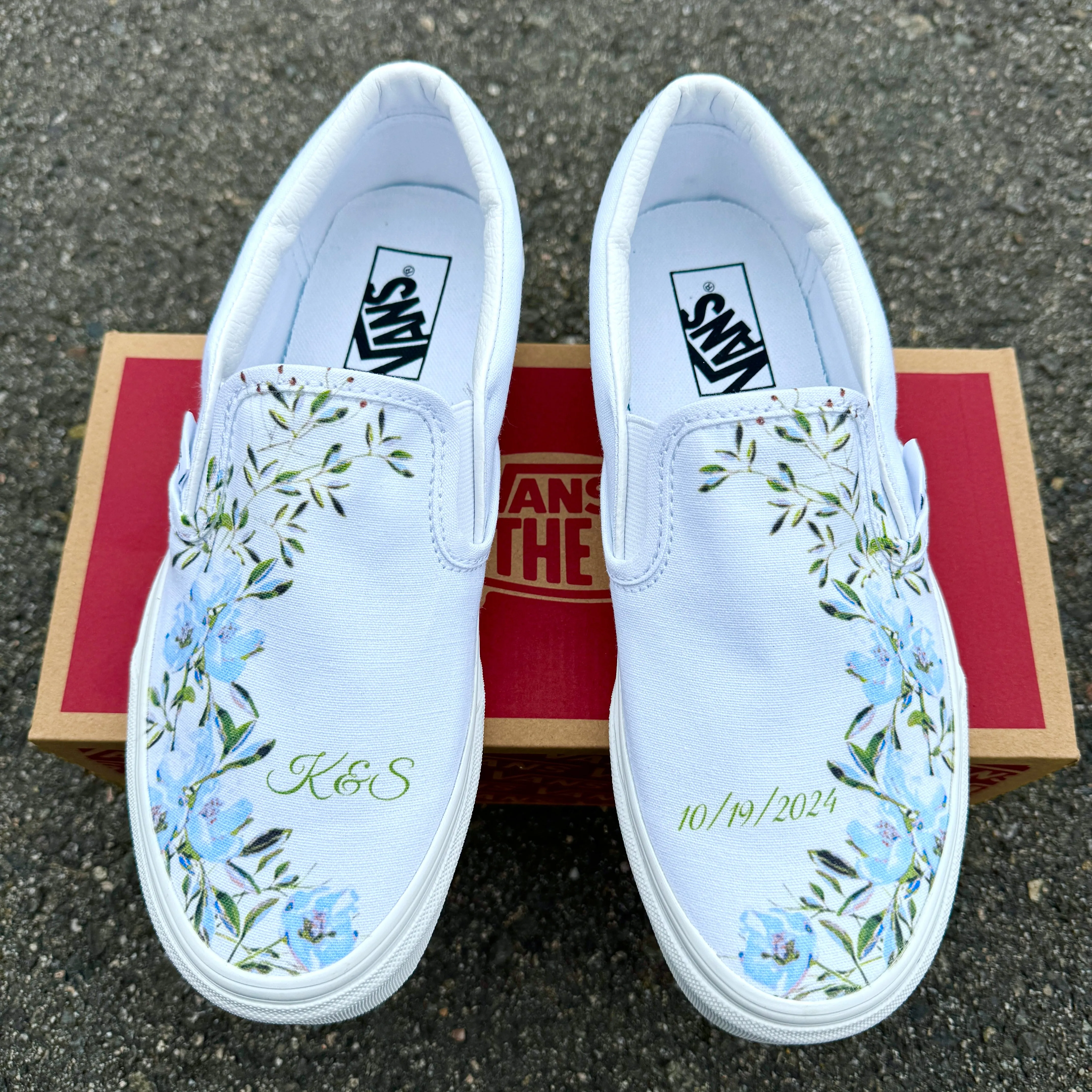 Light Blue Flower - Wedding Custom Slip On Vans Bridal Shoes Wedding Sneakers Wedding Shoes for Bride Brides Maids and Maid of Honor