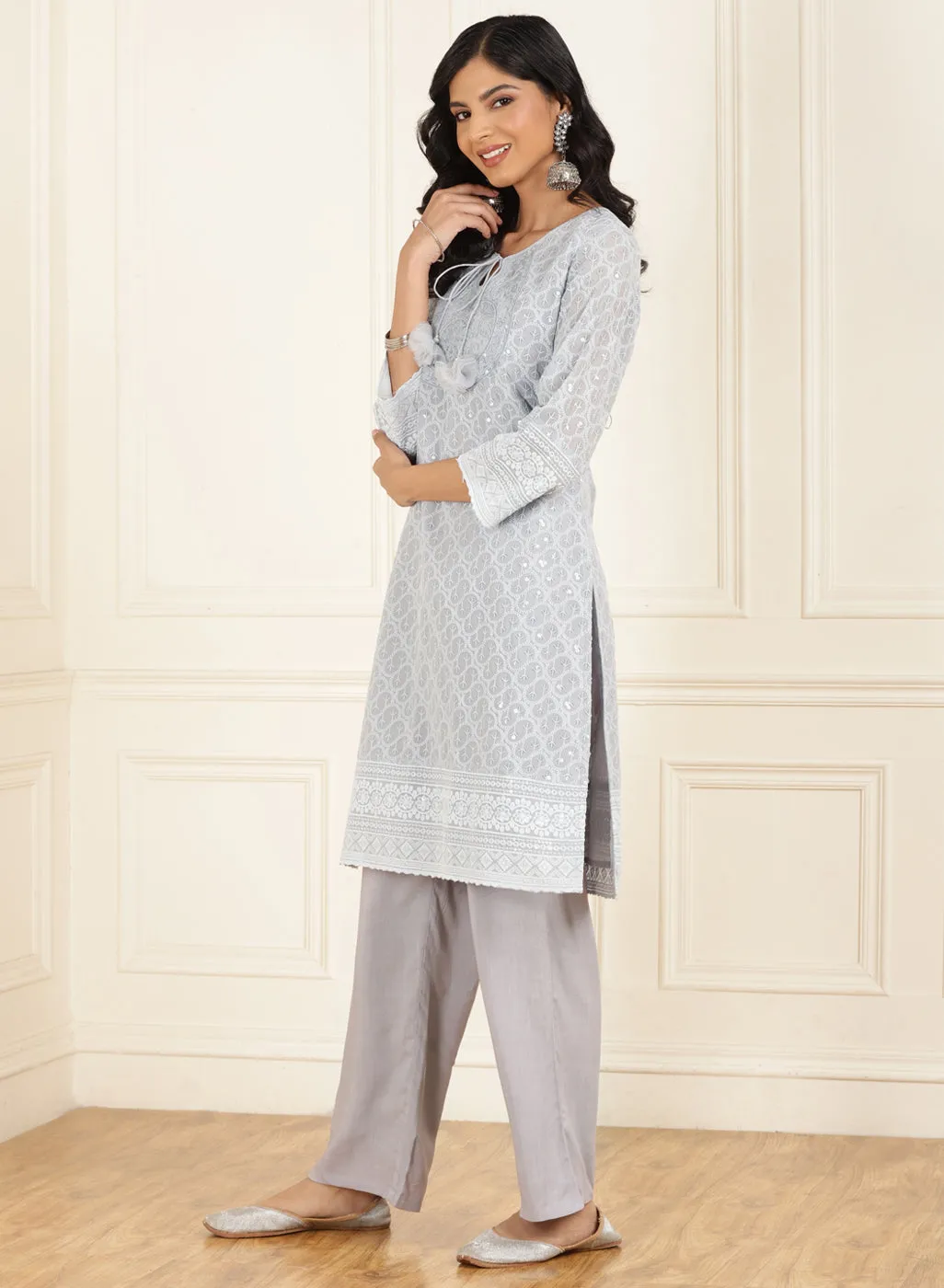 Light Blue Schiffli Embroidered Straight Kurta Set with Tassels
