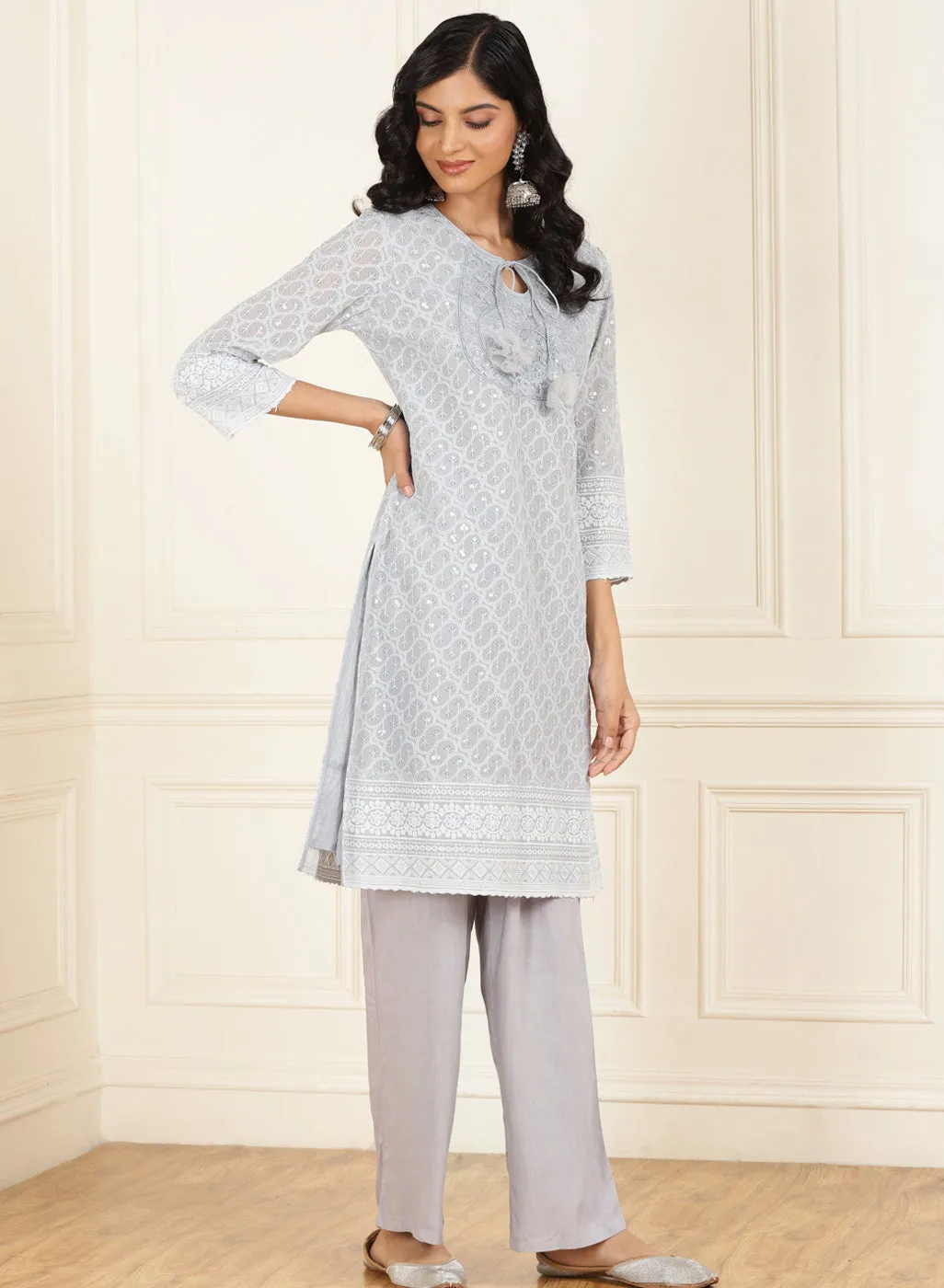 Light Blue Schiffli Embroidered Straight Kurta Set with Tassels