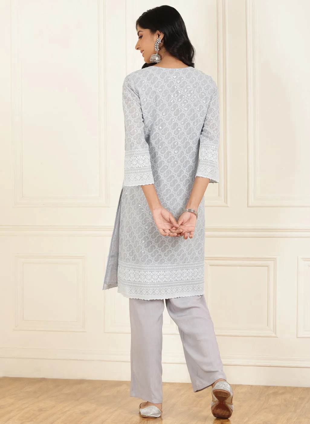 Light Blue Schiffli Embroidered Straight Kurta Set with Tassels