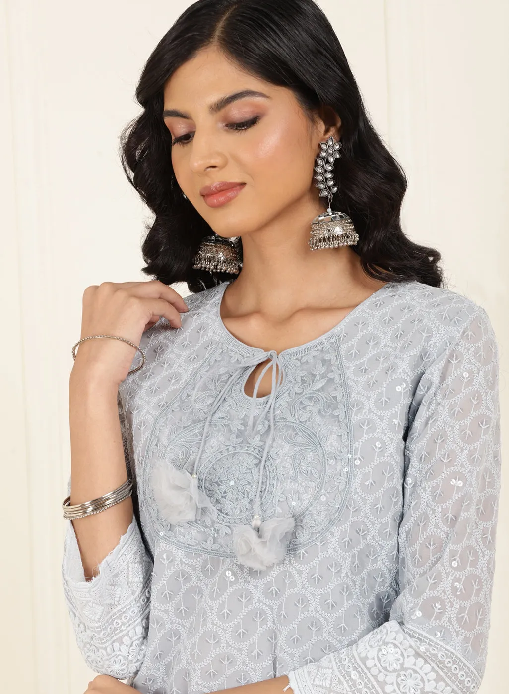 Light Blue Schiffli Embroidered Straight Kurta Set with Tassels