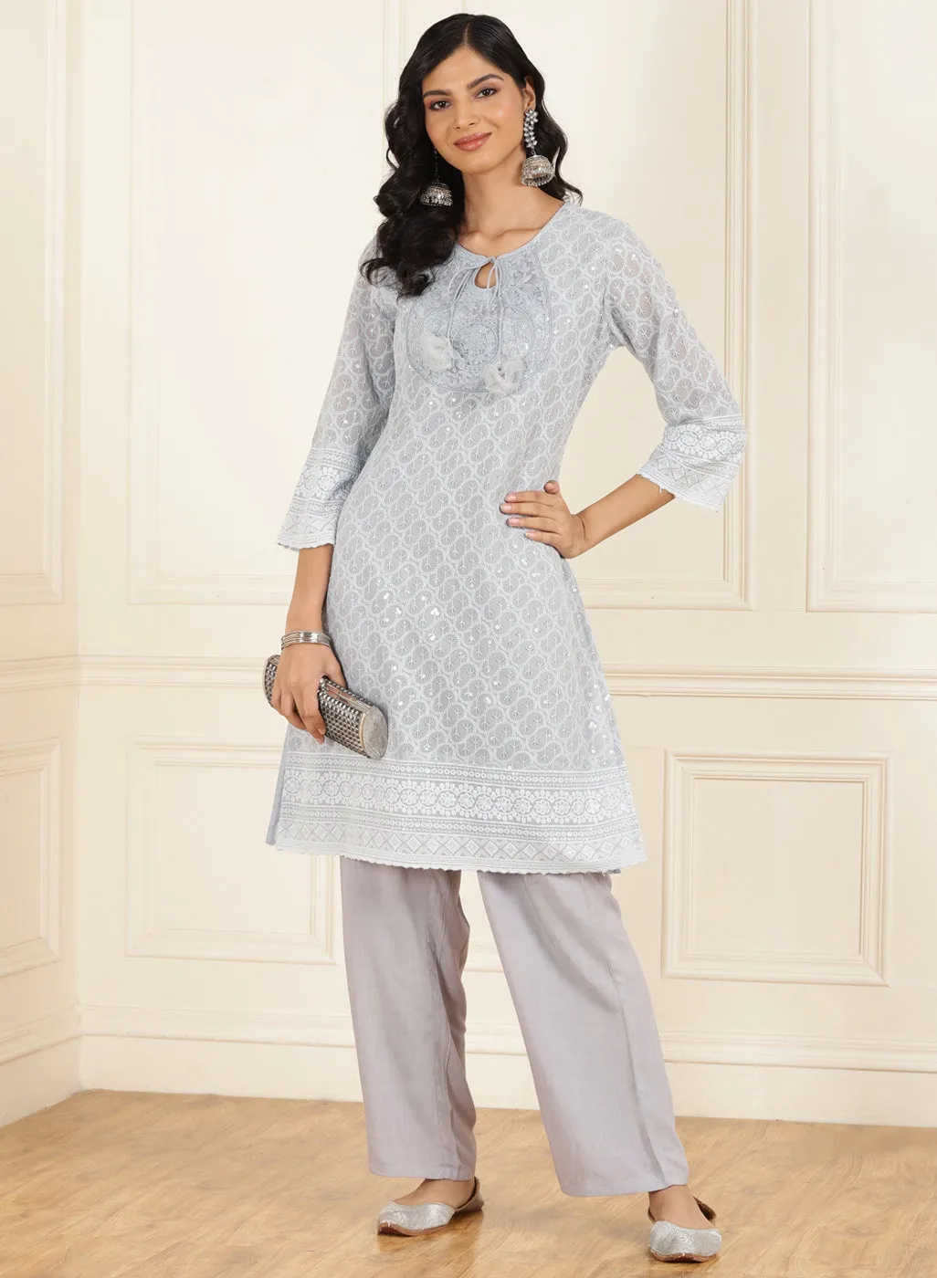 Light Blue Schiffli Embroidered Straight Kurta Set with Tassels
