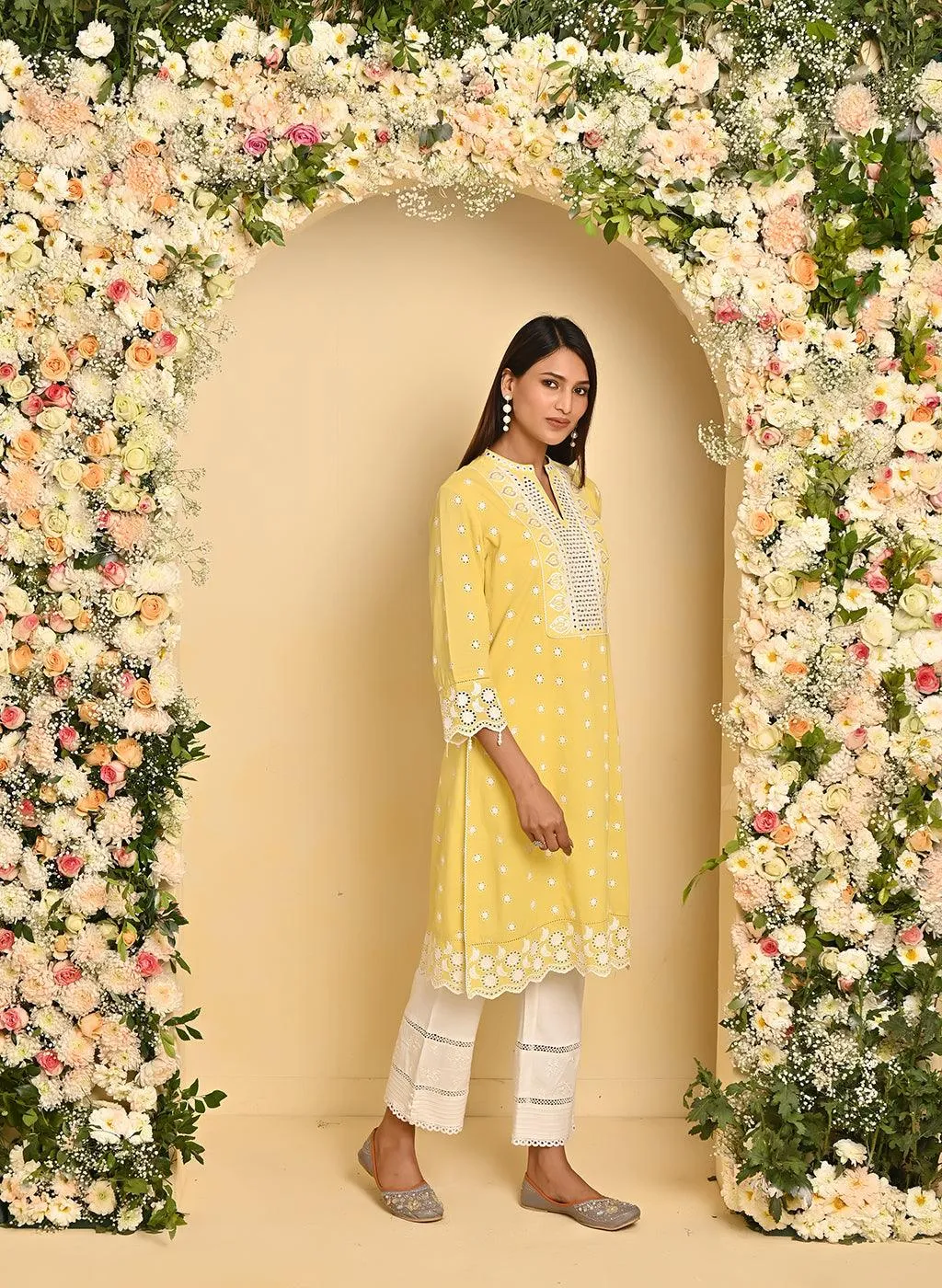 Mustard Schiffli Embroidery Kurta with Mirror Work