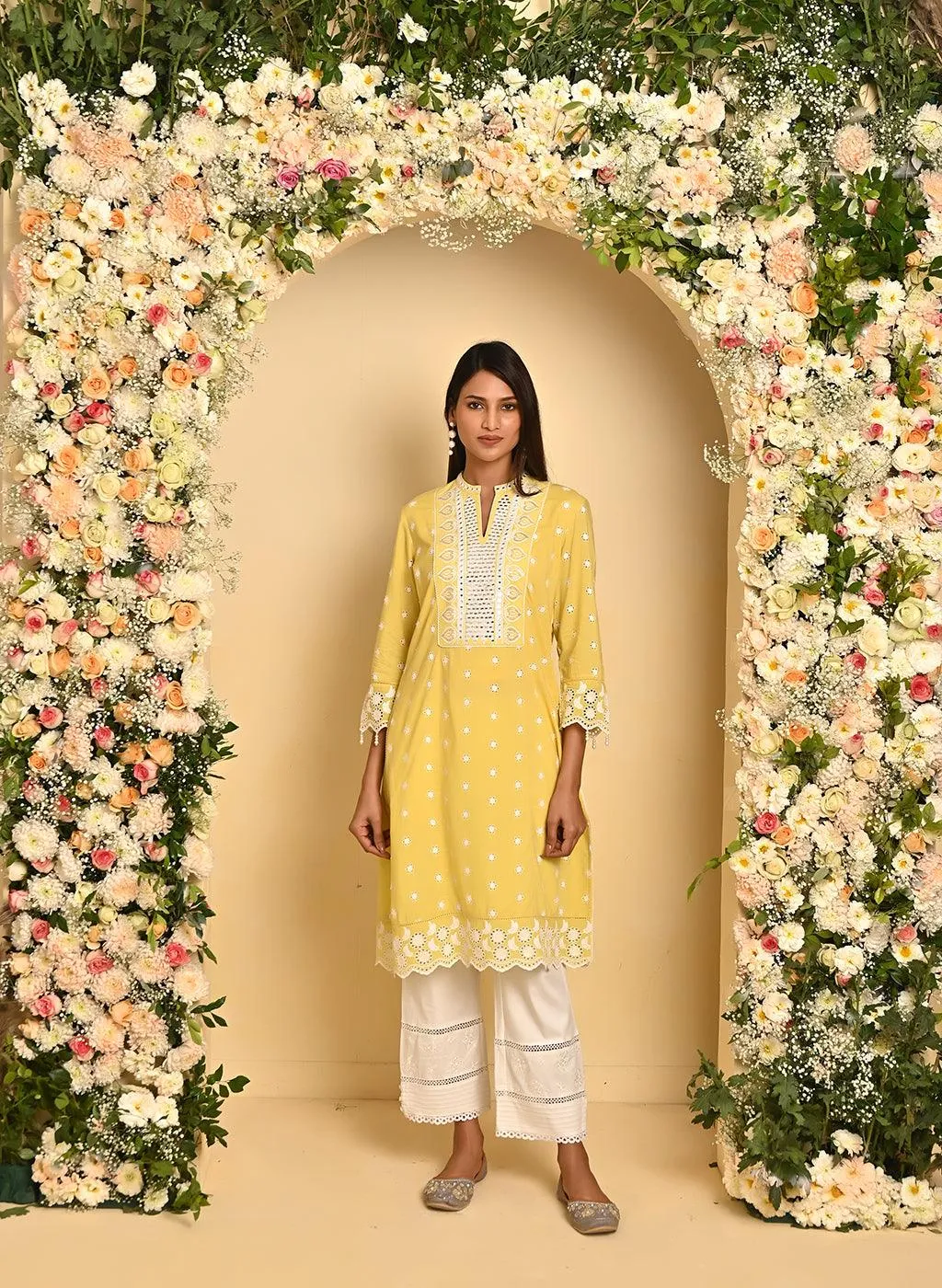 Mustard Schiffli Embroidery Kurta with Mirror Work