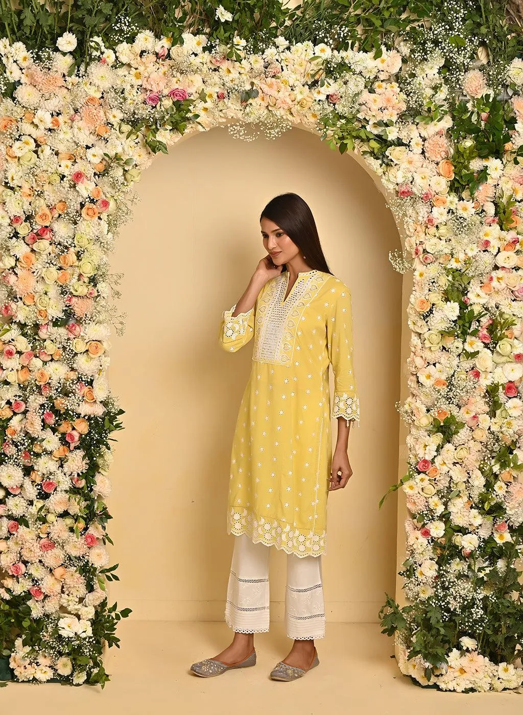 Mustard Schiffli Embroidery Kurta with Mirror Work