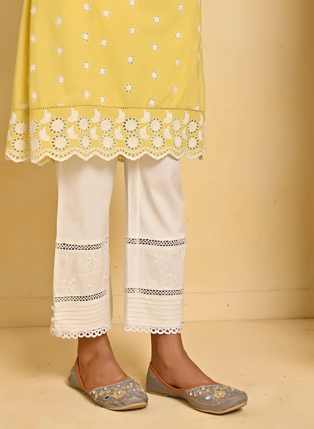 Mustard Schiffli Embroidery Kurta with Mirror Work