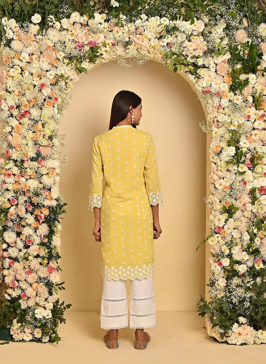 Mustard Schiffli Embroidery Kurta with Mirror Work