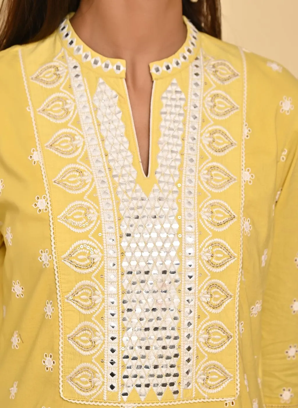 Mustard Schiffli Embroidery Kurta with Mirror Work