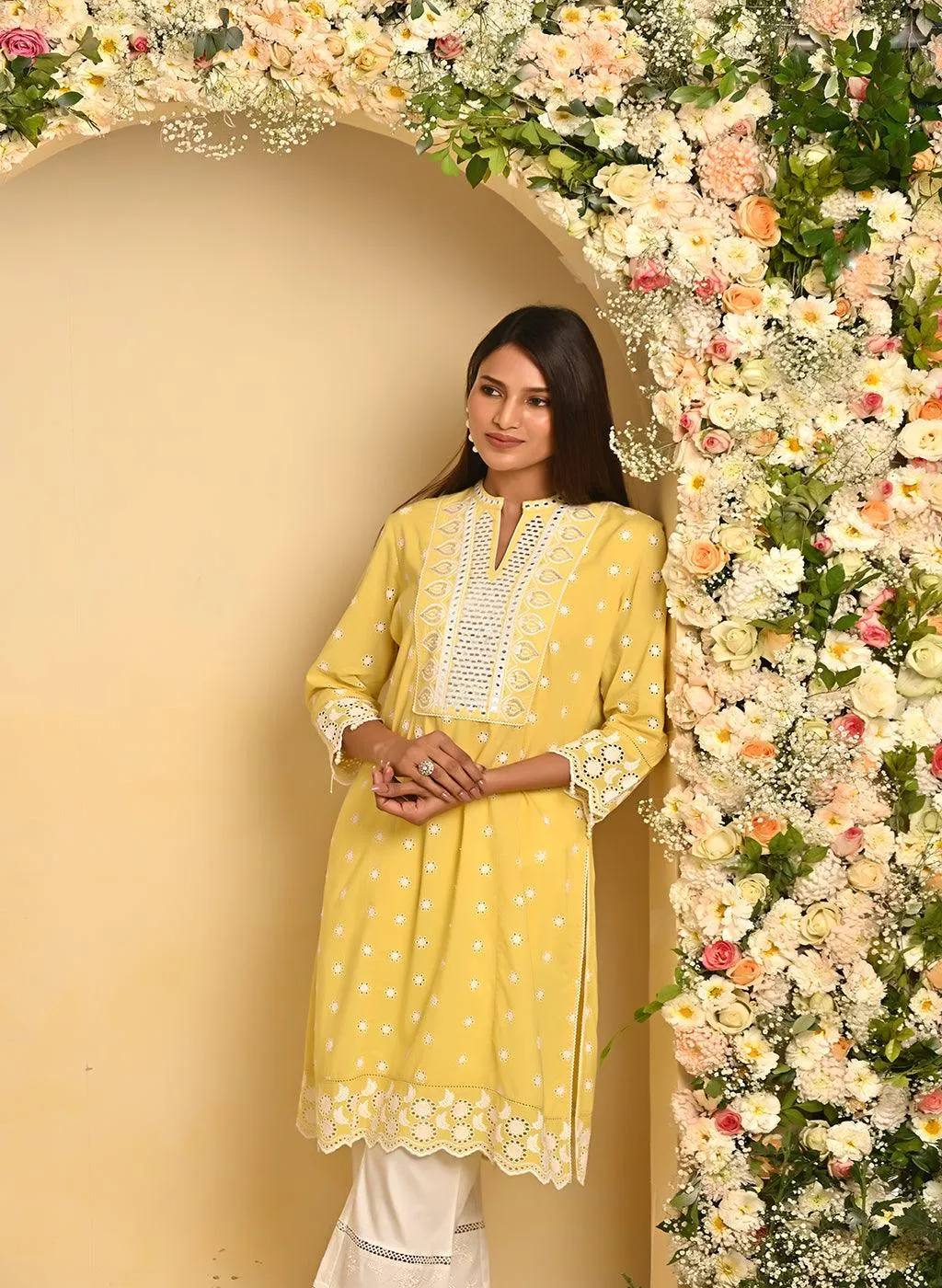 Mustard Schiffli Embroidery Kurta with Mirror Work