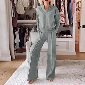 NEW Retails $42, Women's Casual V-Neck Long Sleeve Loose Top Wide Leg Pants Two-Piece Set, Light Grey, Sz S