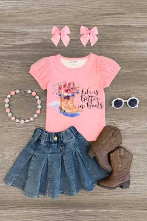 "Life Is Better In Boots" Denim Skirt Set